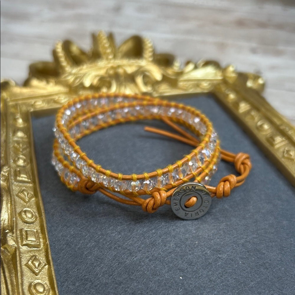 Victoria Emerson Orange Leather and Clear Crystal Beaded Wrap Bracelet